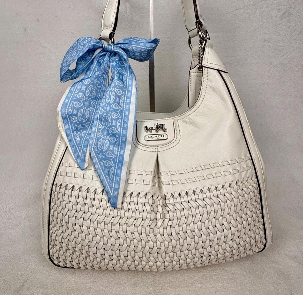 Coach Madison Woven Leather Maggie Hobo in White Woven Leather with Scarf